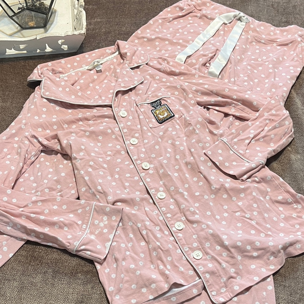 Soma Pink Polka Dot Pajama Set with Glitter Perfume Bottle on Pocket - Size XS